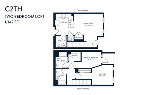 Floor plan for 2 beds, 2.5 baths, 1342 sqft